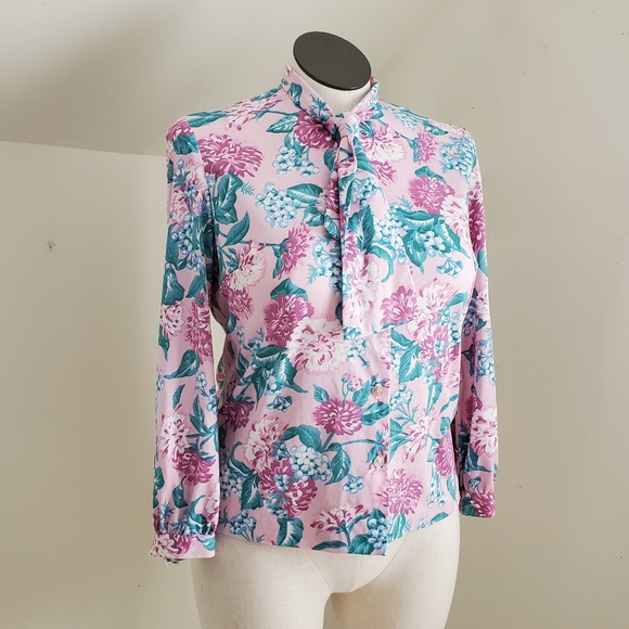 Vintage Tops - Vintage Tie-bow Floral Print Button Front Long Sleeve Blouse Pink Green